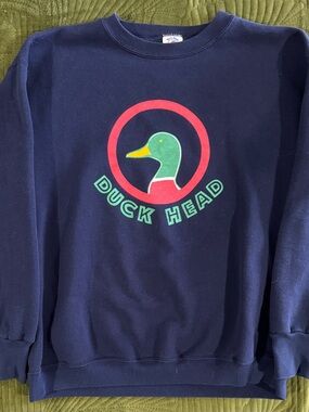 Vintage '90s Duck Head Head/Tail Navy Crewneck Sweatshirt